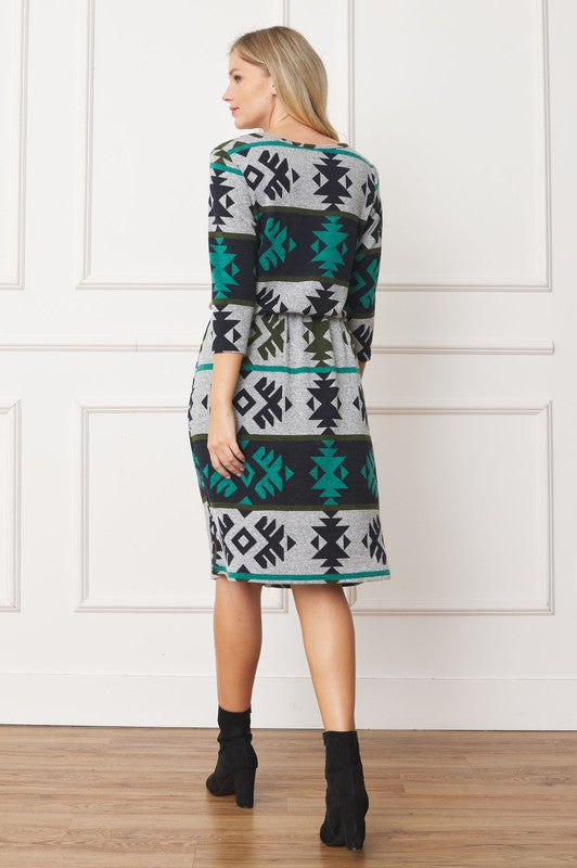 EG fashion Tribal Drawstring Blouson Midi Dress