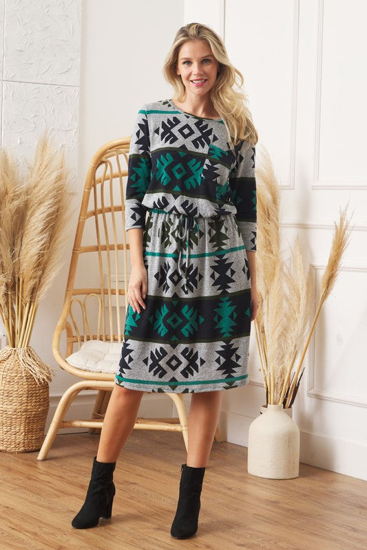 EG fashion Plus Tribal Drawstring Blouson Midi Dress