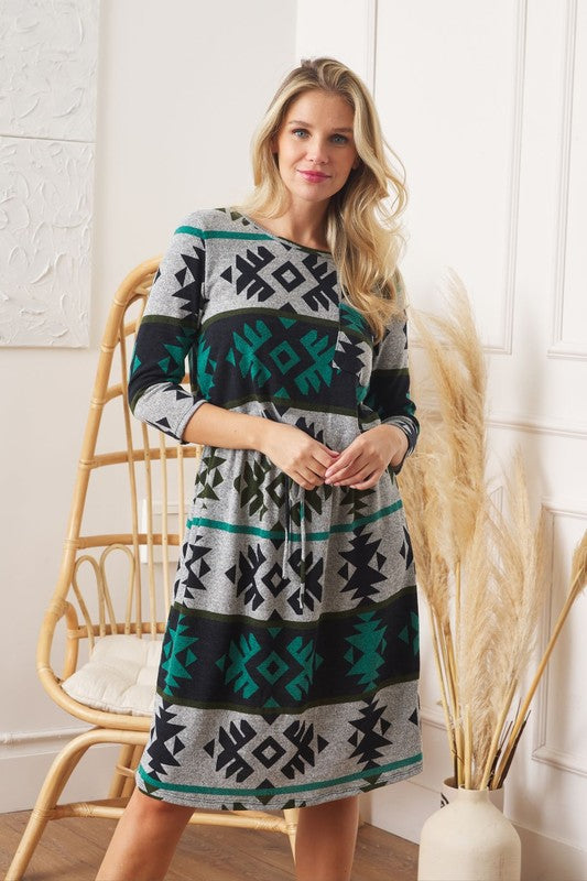 EG fashion Tribal Drawstring Blouson Midi Dress