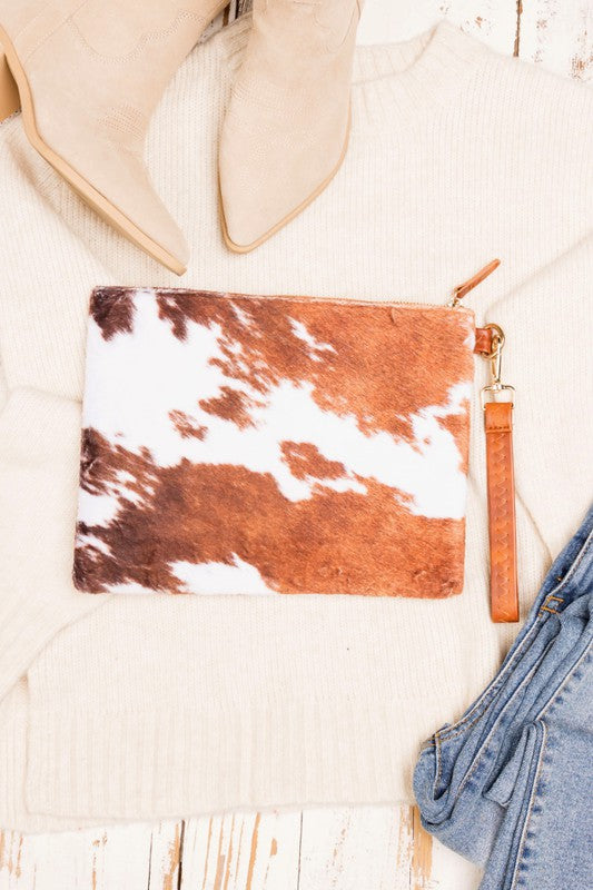Aili's Corner Faux Fur Cow Animal Print Clutch