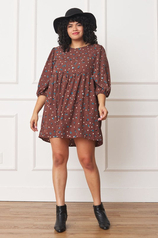 EG fashion Plus Abstract Polka Dot Bishop Sleeve Mini Dress