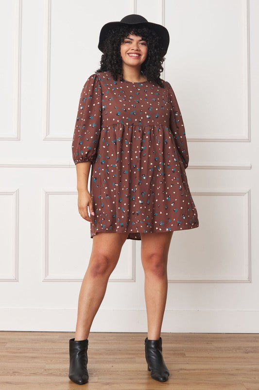 EG fashion Plus Abstract Polka Dot Bishop Sleeve Mini Dress