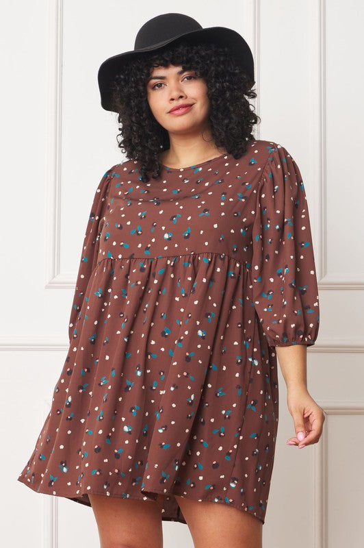 EG fashion Plus Abstract Polka Dot Bishop Sleeve Mini Dress