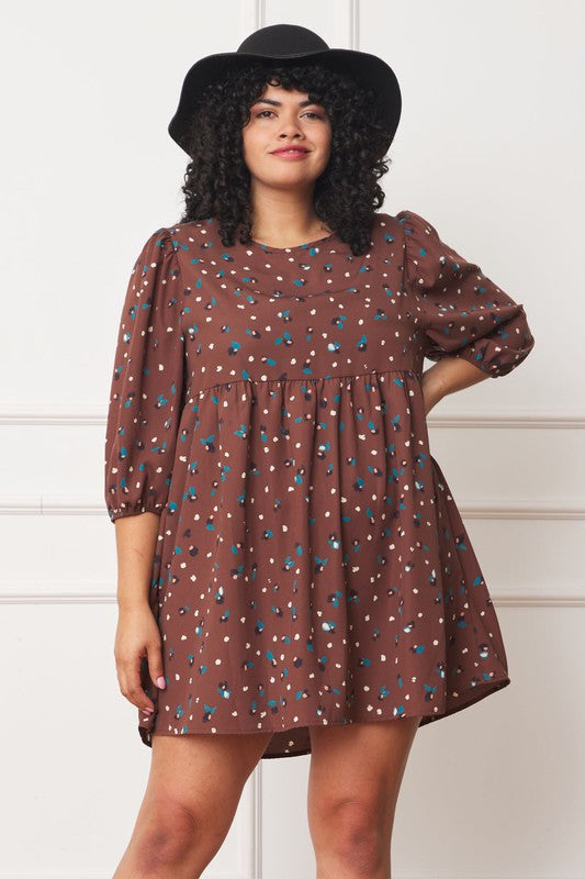 EG fashion Plus Abstract Polka Dot Bishop Sleeve Mini Dress