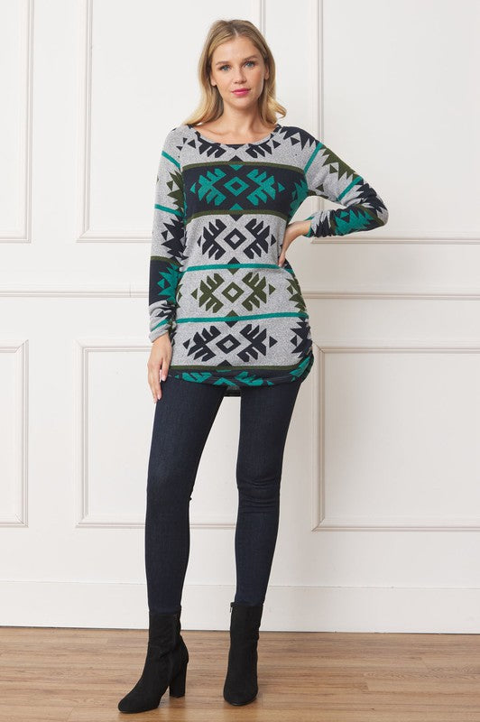 EG fashion Aztec Shirred Side Accent Top
