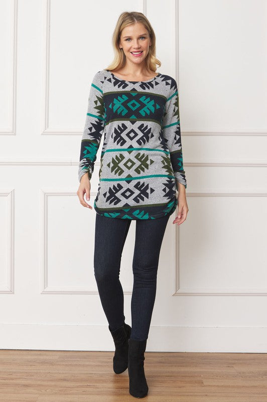 EG fashion Aztec Shirred Side Accent Top