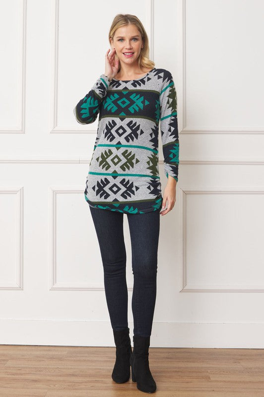 EG fashion Aztec Shirred Side Accent Top