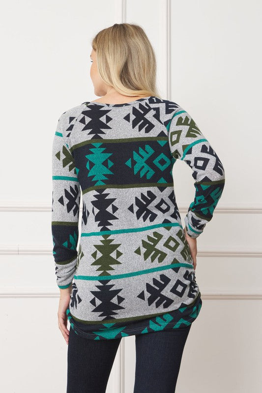 EG fashion Aztec Shirred Side Accent Top