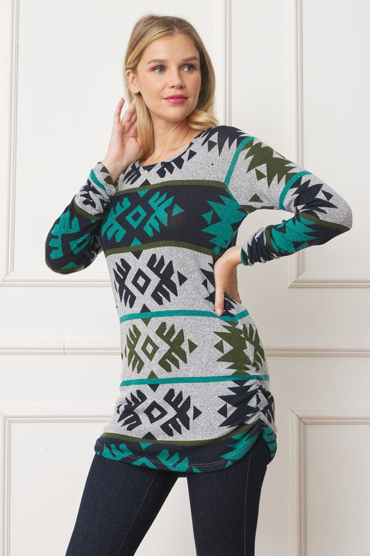 EG fashion Aztec Shirred Side Accent Top