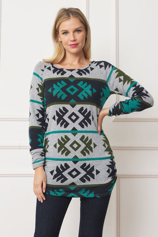 EG fashion Aztec Shirred Side Accent Top