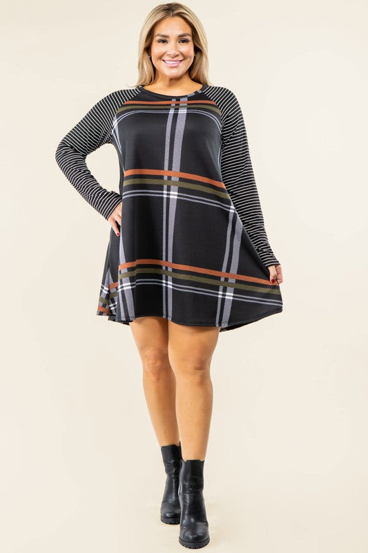 EG fashion Plus Stripe Sleeve A- Line Mini Dress