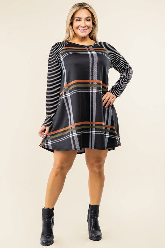 EG fashion Plus Stripe Sleeve A- Line Mini Dress
