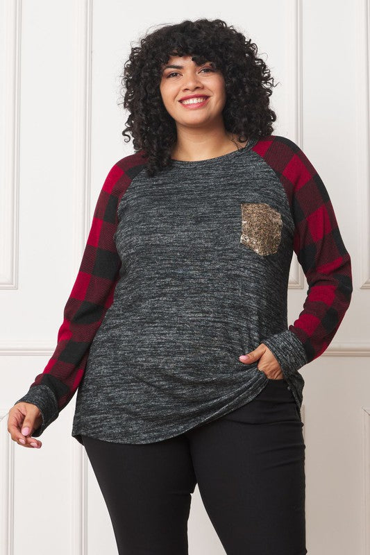 EG fashion Plus Checker Sleeve Sequin Pocket Tunic