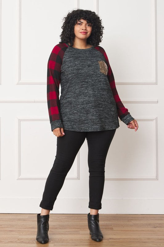 EG fashion Plus Checker Sleeve Sequin Pocket Tunic