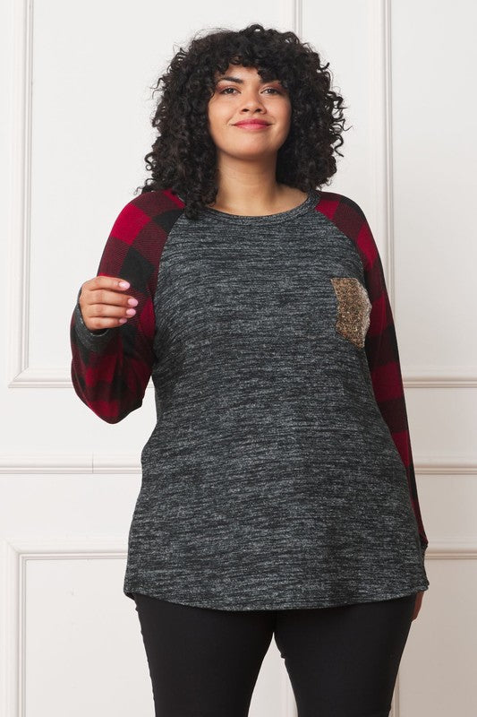 EG fashion Plus Checker Sleeve Sequin Pocket Tunic