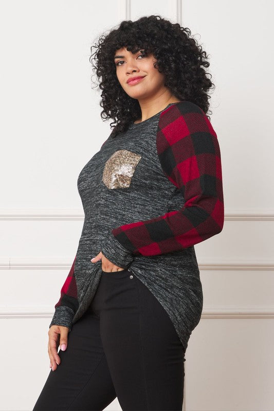 EG fashion Plus Checker Sleeve Sequin Pocket Tunic