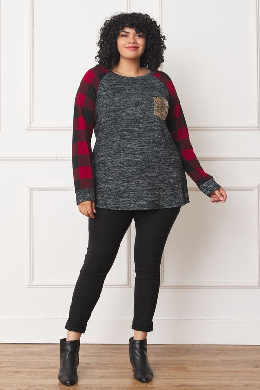 EG fashion Plus Checker Sleeve Sequin Pocket Tunic
