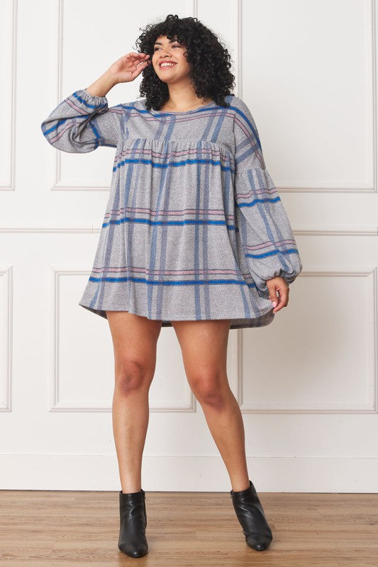 EG fashion Plus Plaid Empire Waist Balloon Sleeve Mini Dress