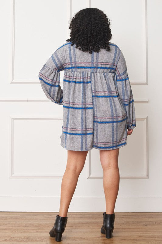 EG fashion Plus Plaid Empire Waist Balloon Sleeve Mini Dress