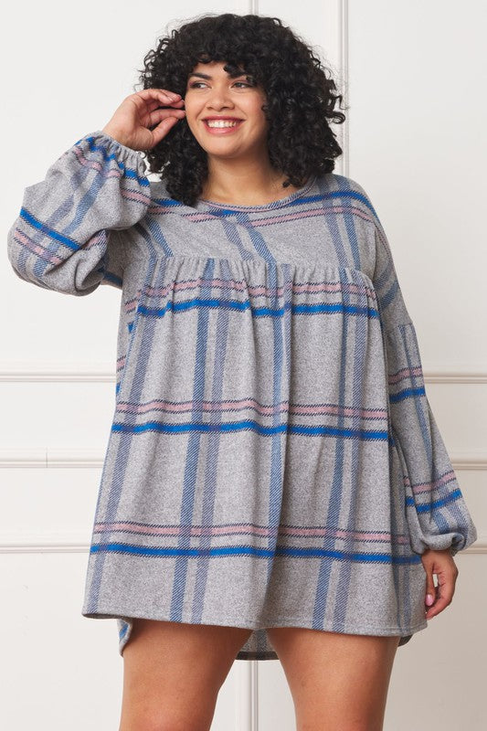 EG fashion Plus Plaid Empire Waist Balloon Sleeve Mini Dress