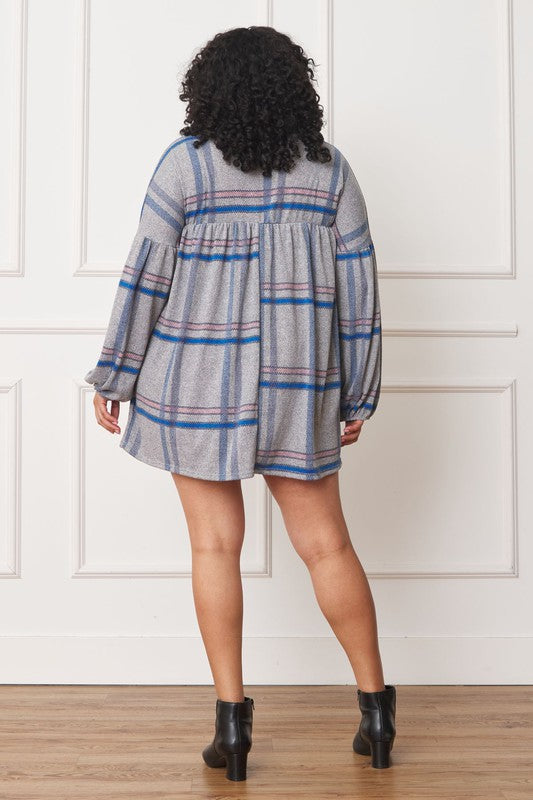 EG fashion Plus Plaid Empire Waist Balloon Sleeve Mini Dress