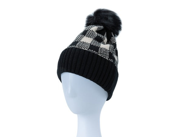 Bella Chic Checkered Pom Pom Beanie