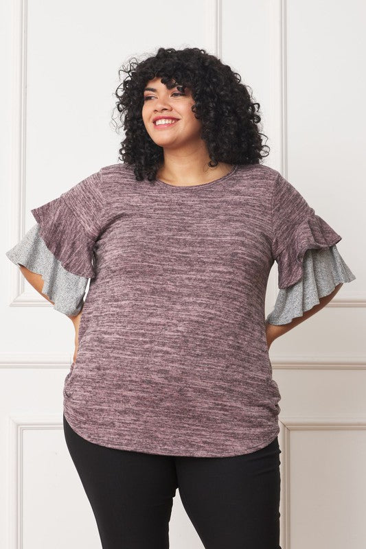EG fashion Color Block Sleeve Ruffle Knit Top