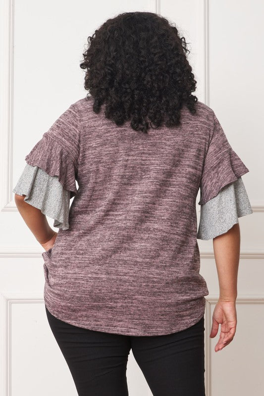 EG fashion Color Block Sleeve Ruffle Knit Top
