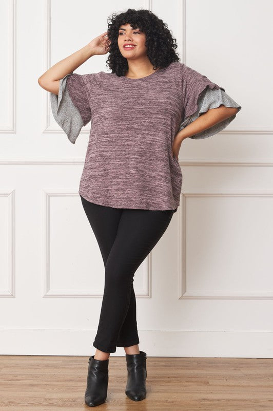 EG fashion Color Block Sleeve Ruffle Knit Top