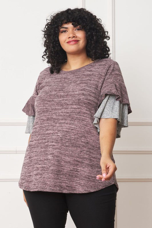 EG fashion Color Block Sleeve Ruffle Knit Top