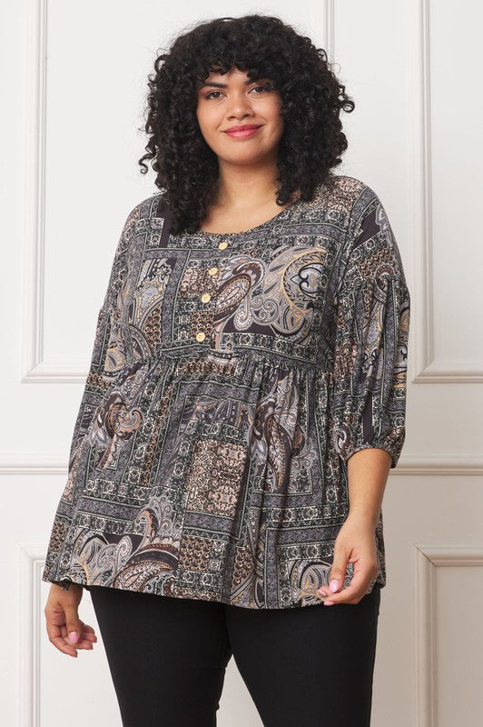 EG Fashion Plus Button Accent Paisley Top