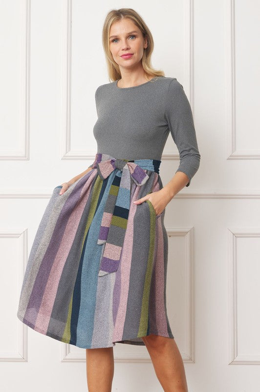 EG fashion Quarter Sleeve Stripe Sash Midi Dress