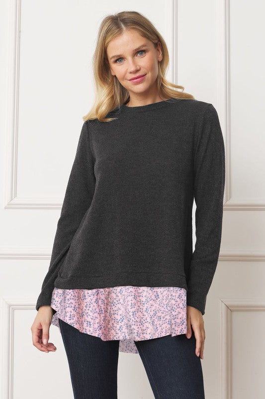 EG fashion Layered Floral Tulip Hem Back Accent Top