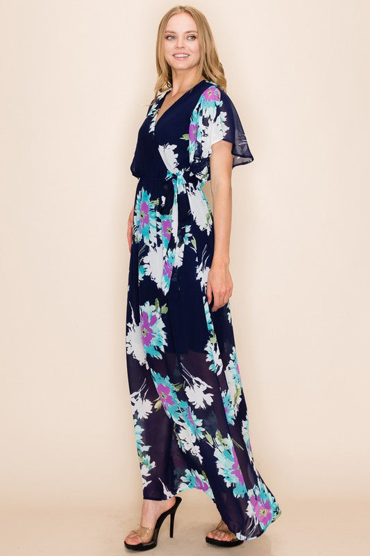 Shopin LA Women Floral Print Side-Tie Faux Maxi Dress