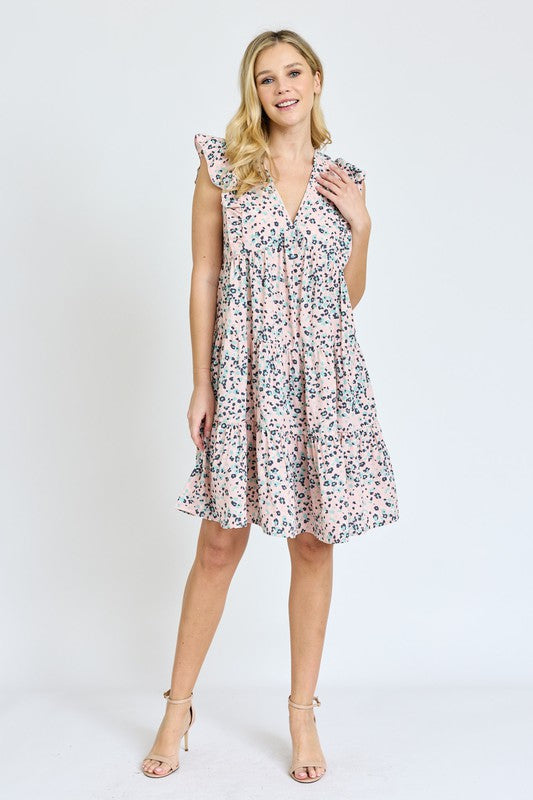 EG fashion Leopard Flutter Sleeve V Neck Dress