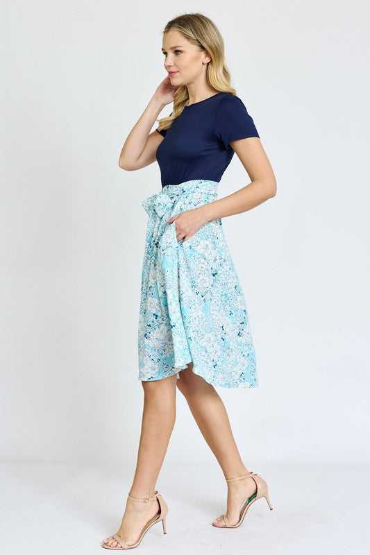 EG fashion Short Sleeve Floral Sash Midi Dress