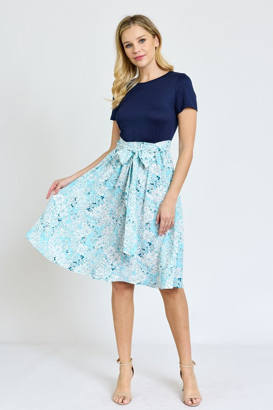 EG fashion Short Sleeve Floral Sash Midi Dress