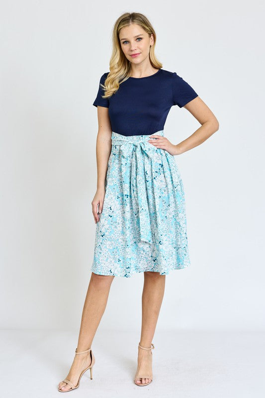 EG fashion Short Sleeve Floral Sash Midi Dress