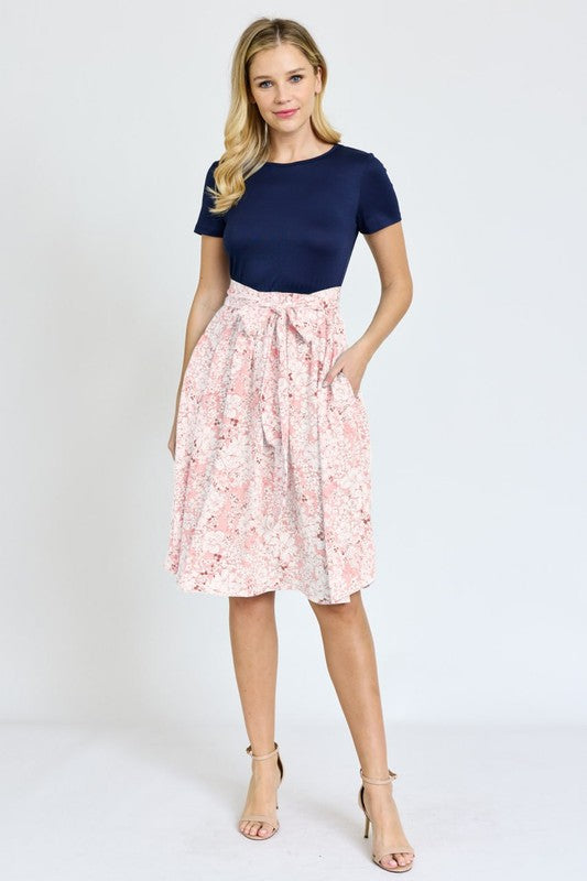 EG fashion Short Sleeve Floral Sash Midi Dress