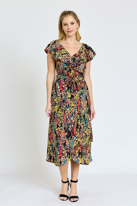 EG fashion Ruffle V-Neck Sash Dress