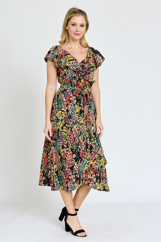 EG fashion Ruffle V-Neck Sash Dress