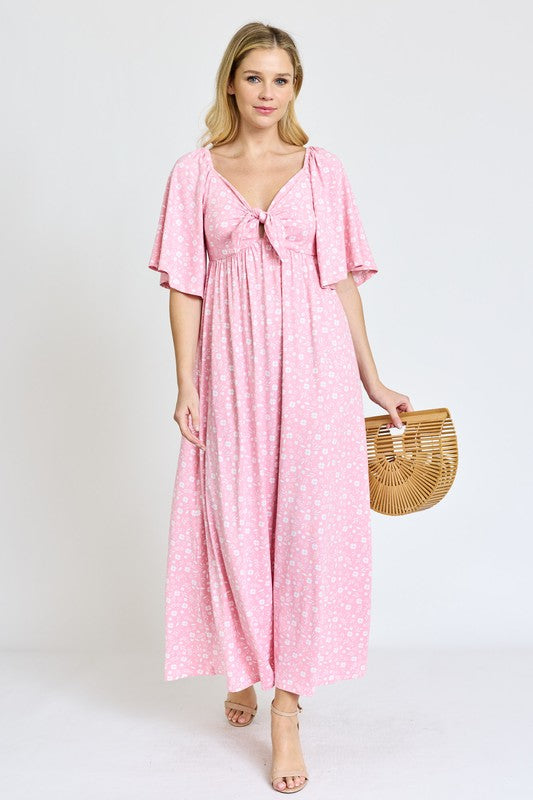 EG fashion Floral Angel Sleeve Front Tie Maxi Dress