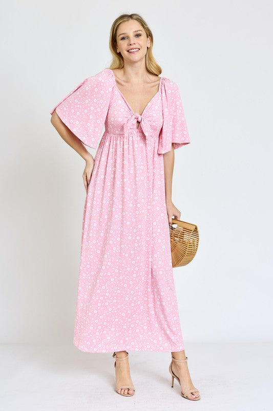 EG fashion Floral Angel Sleeve Front Tie Maxi Dress