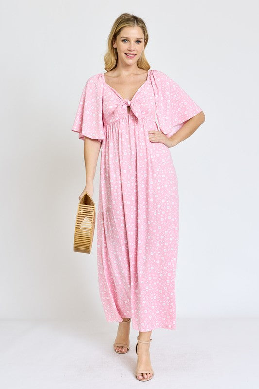EG fashion Floral Angel Sleeve Front Tie Maxi Dress