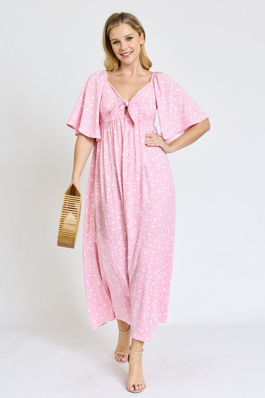 EG fashion Floral Angel Sleeve Front Tie Maxi Dress