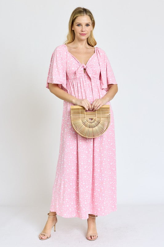 EG fashion Floral Angel Sleeve Front Tie Maxi Dress