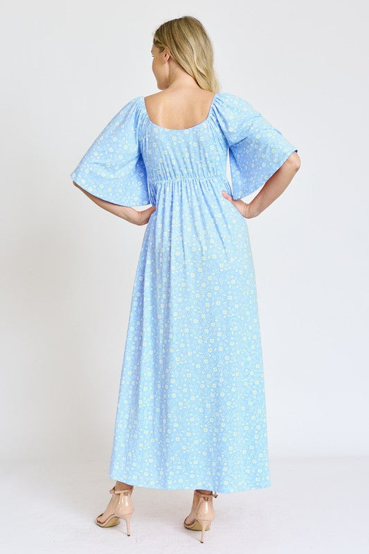 EG fashion Floral Angel Sleeve Front Tie Maxi Dress