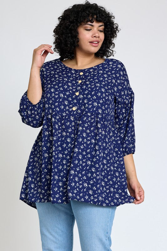 Eg Fashion Lightweight Button Accent Ditsy Floral Tunic