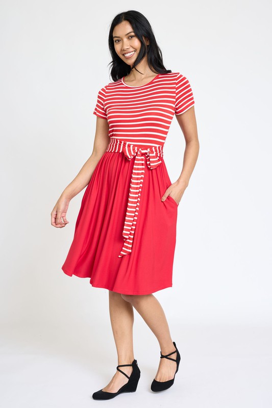 EG fashion Short Sleeve Stripe Sash Dress