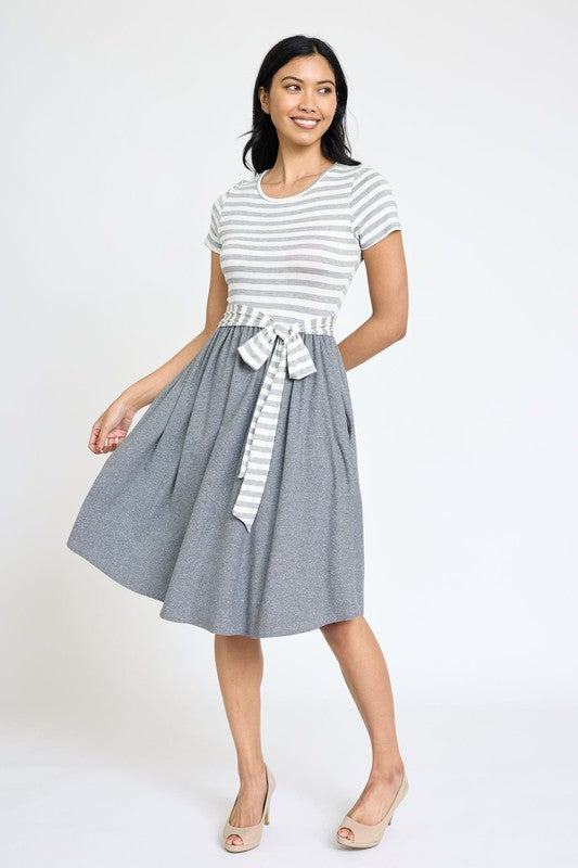 EG fashion Short Sleeve Stripe Sash Dress